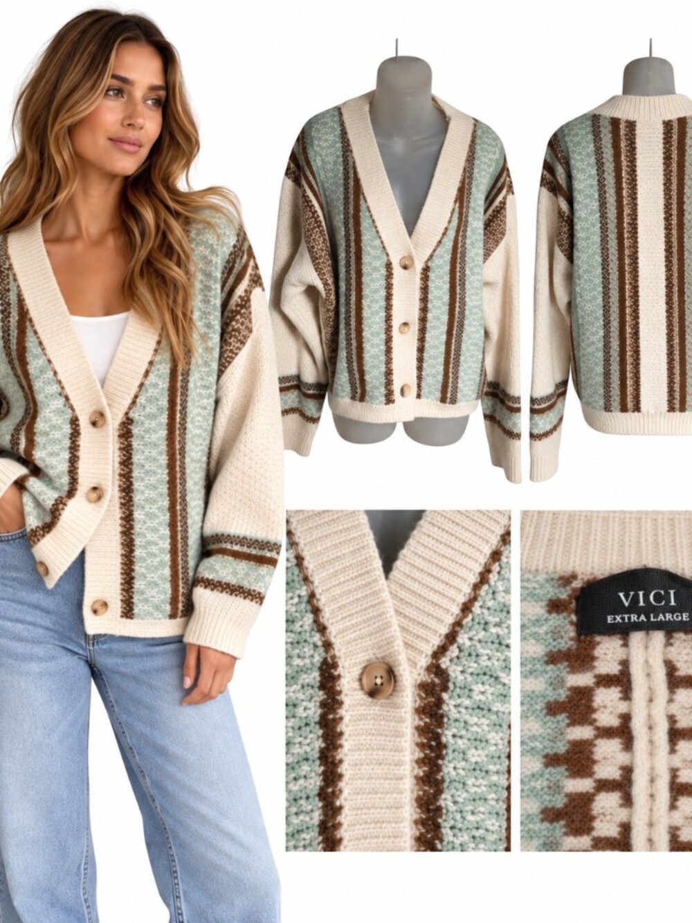 VICI XL Oversized Striped Knit Button Cardigan Sweater Boho Coastal Grandmacore